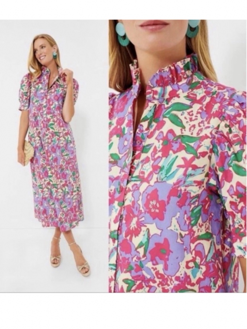 Tuckernuck Hyacinth House Magenta Floral Louisa Button front maxi dress S M